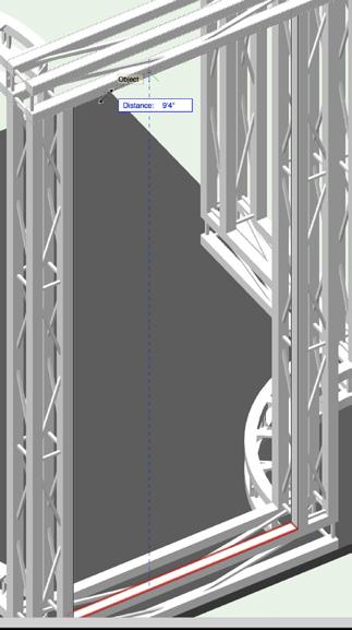 Zoom out slightly and pan up. 9. Snap your cursor to the bottom edge, of the lower rear chord of the upper rear truss. 10. Click once to extrude the rectangle. 1. Switch to a Right Rear Isometric view and zoom in on the lower rear truss.