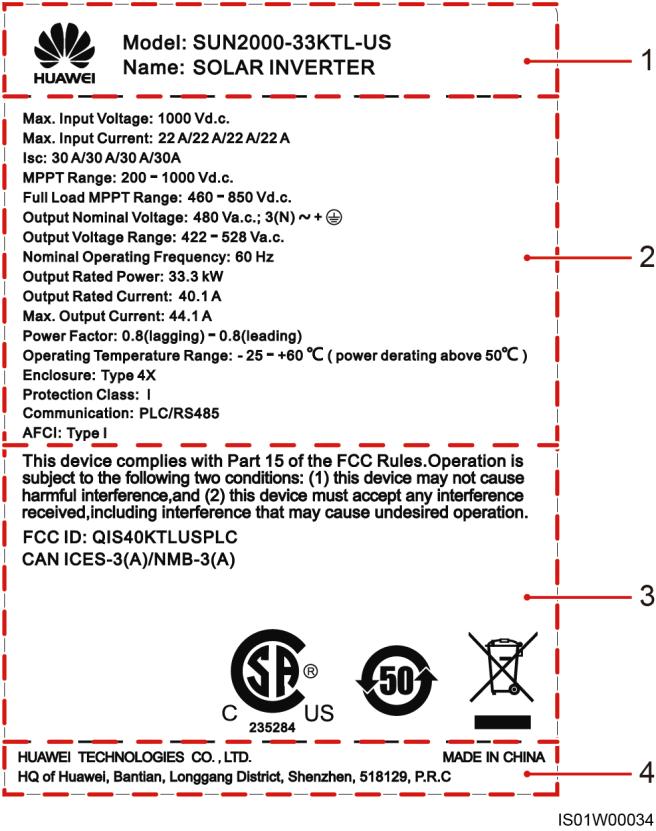 2 Overview Figure 2-9 Nameplate of the SUN2000-33KTL-US (1) Trademark and product model (2) Important technical specifications (3) Compliance symbols (4) Company name and country of manufacture The