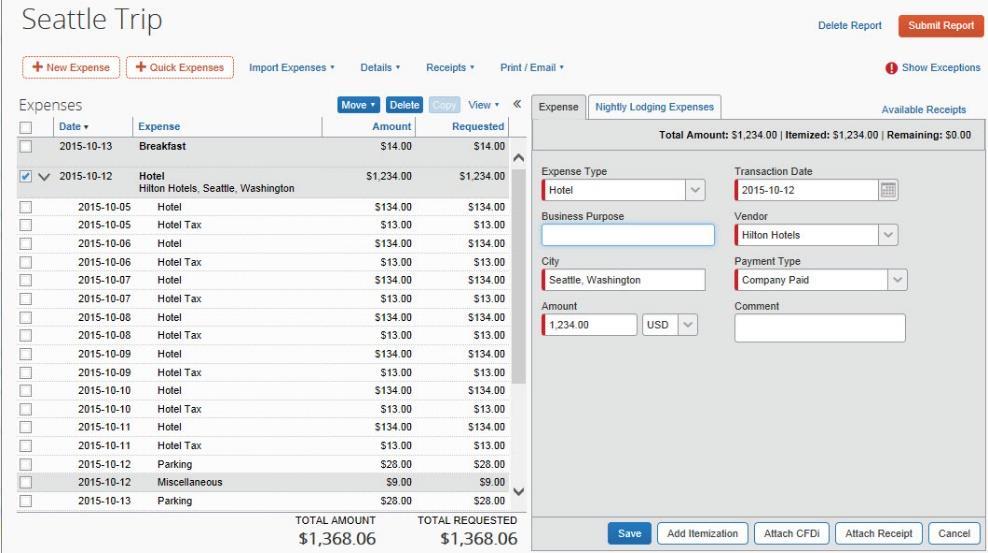 You can then itemize the remaining charges on your hotel bill, and adjust for any rate changes during your stay To create a lodging expense: 1. On the Expense tab, select the lodging expense type.