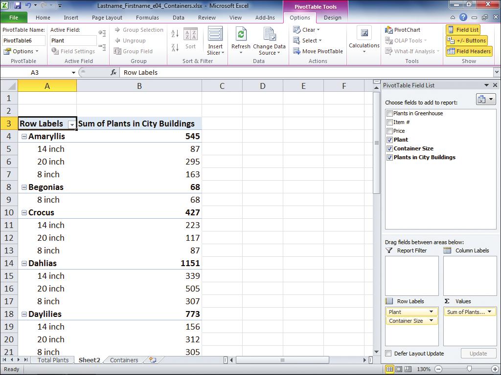 8. In the PivotTable Field List pane, select the Container Size check box, as shown in Figure 5.