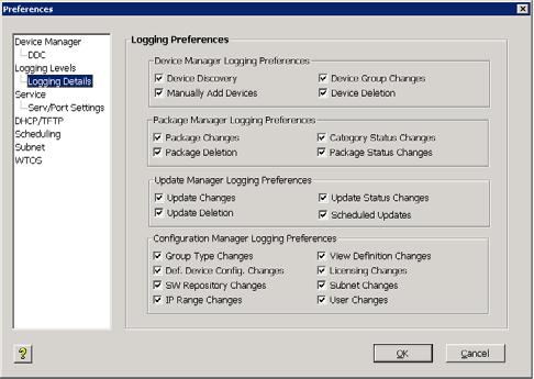Figure 110 Logging Details Preferences Tip Category Status Changes refers to whether a WDM package changed from one category to another (for example, if you edit the script