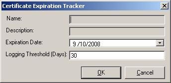 130 Chapter 7 Adding a Certificate to the Expiration Tracker In the tree pane of the Administrator Console, expand Configuration Manager, right-click Certificate Expiration Tracker, and then select