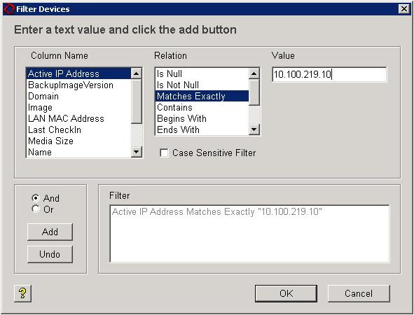 Device Manager 15 Creating a Device Filter Creating a Device Filter to use with Device Manager helps you to quickly find the devices you want. 1. In the tree pane of the Administrator Console, right-click Device Manager and select Create Device Filter to open the Filter Devices dialog box.