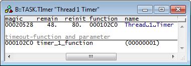TASK.TImer Display application timers TASK.TImer <timer> Displays a table with the ThreadX application timers.