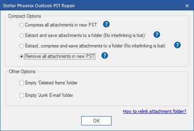 Remove all attachments in new PST You can use this option to remove all the attachments in repaired PST file. This option retains only the mail but not any of its attachments.