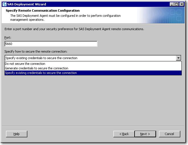 76 Chapter 5 Setting Up Certificates for SAS Deployment Select Generate credentials to secure the connection to have the deployment wizard automatically generate a self-signed certificate.