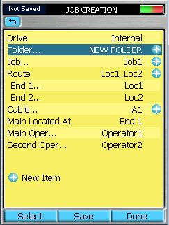 Setup: New Job Creation The New Job utility mode is available for creating new jobs (setting up a file structure and defining the fiber under test location: Drives, Folders, Jobs, Routes [End