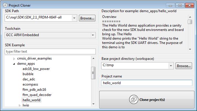 Project Cloner User interface Chapter 6 Project Cloner This tool helps clone SDK example projects for IAR Embedded Workbench, Keil MDK μvision and/or GCC ARM Embedded (command line).