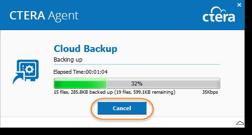 Cloud Mode Stopping Cloud Backup Click the CTERA Agent tray icon and then click Cancel. Scheduling Cloud Backup 1 In the CTERA Agent Settings Window, click Backup Options > Schedule.