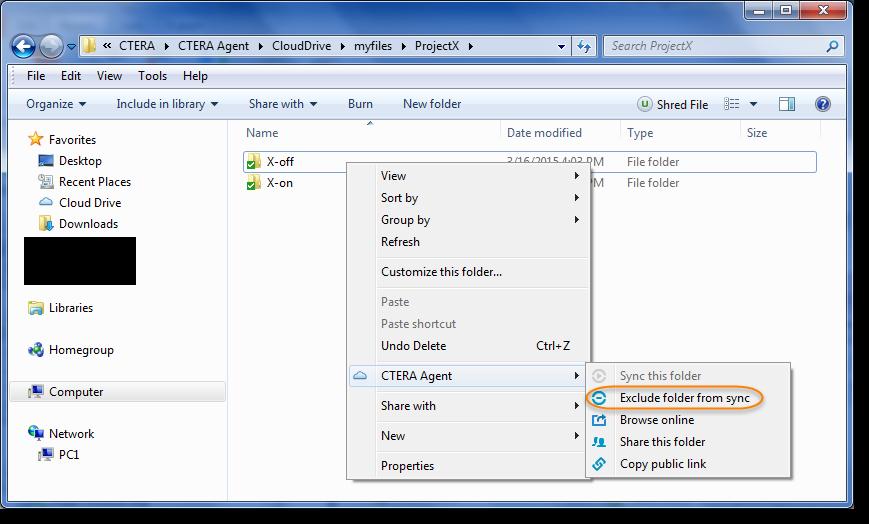 Cloud Mode 2 Select CTERA Agent > Exclude folder from sync. From the CTERA Agent Web Interface 1 On the Main > Cloud Drive page, select Synced with this Computer.