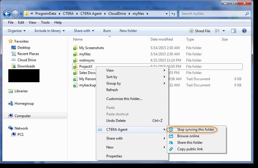 Cloud Mode Stopping Syncing a Folder From Windows Explorer Right-click the folder and select CTERA Agent > Stop syncing this folder.