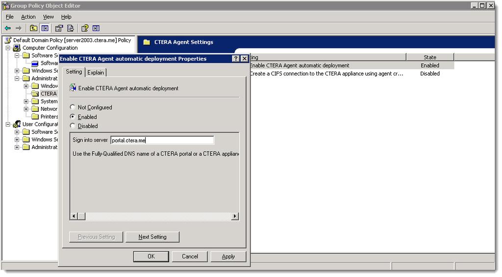 Centrally Installing CTERA Agent via Active Directory The Enable CTERA Agent automatic deployment Properties dialog box opens.