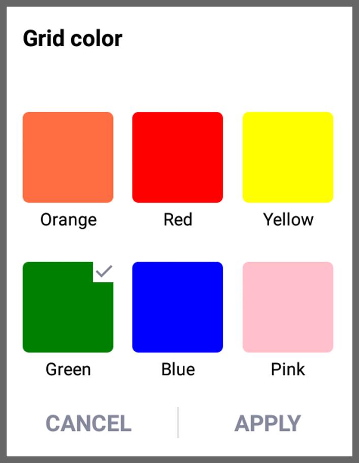 4.4.2 Grid Color Set the colour of the grid. Select your preferred colour. Tapping the Apply button saves changes to the lines colour. Tapping the Cancel button discards all changes.