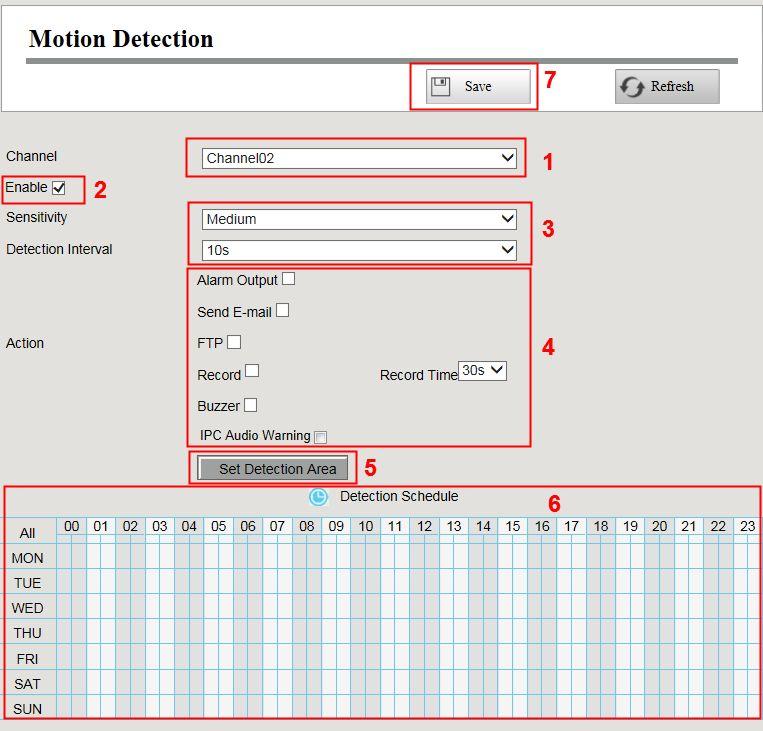 Step1 Select channel from drop-down box list. Step2 Check the Enable checkbox to enable motion detection function. Step3 Select the Sensitivity and Detection Interval.