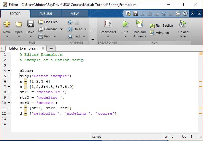 14 Editor & Scripts The Matlab desktop includes and editor that can be used to create scripts which are composed of Matlab commands stored in a