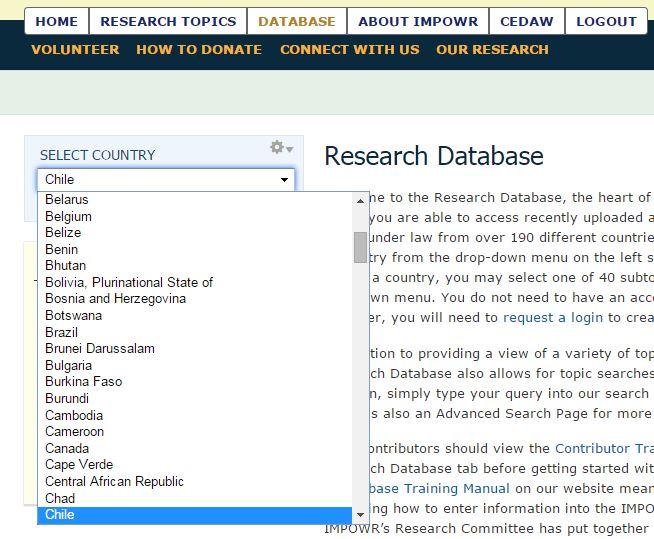 Section 3: Selecting a Country Once you log into the tool, the first step is to select a country. The country block appears on each page of the Research Topics and Database tabs.