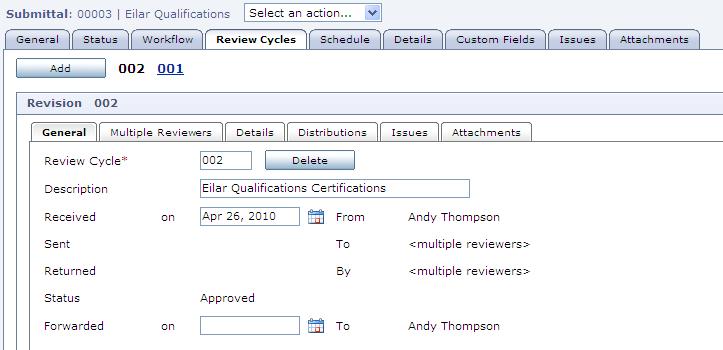 3.5 Returning Submittal to Contractor (or submitting party) When filling in the Forwarded Date, this will automatically generate a transmittal to the