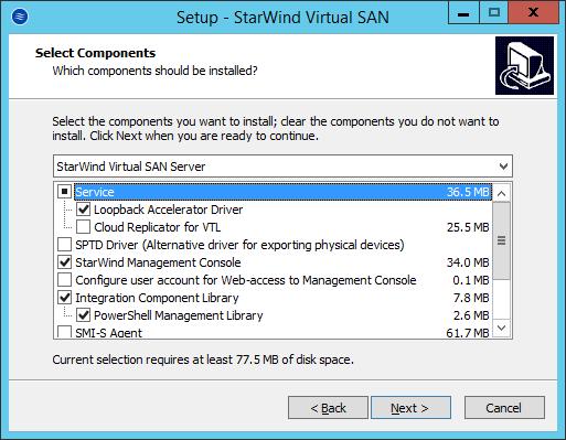 11. Select the following components for the minimum setup: StarWind Virtual SAN Service. StarWind service is the core of the software.