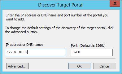 48. In Discover Target Portal dialog, type in the iscsi interface IP address of the partner node that