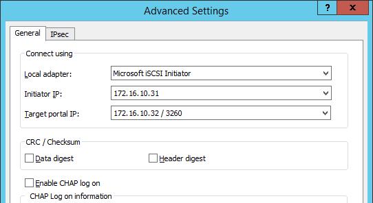 61. Enable the checkboxes as in the image below. Click Advanced. 62. Select Microsoft iscsi Initiator in the Local adapter dropdown menu.