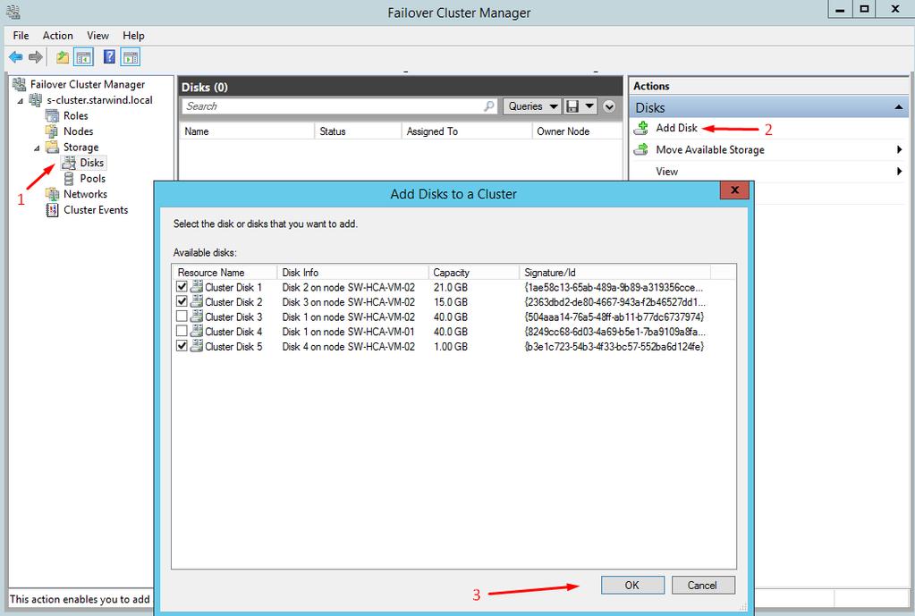 Adding Storage to the Cluster Follow the steps below to add the Cluster Shared Volumes (CSV) that are necessary for working with Hyper-V virtual machines. 89.