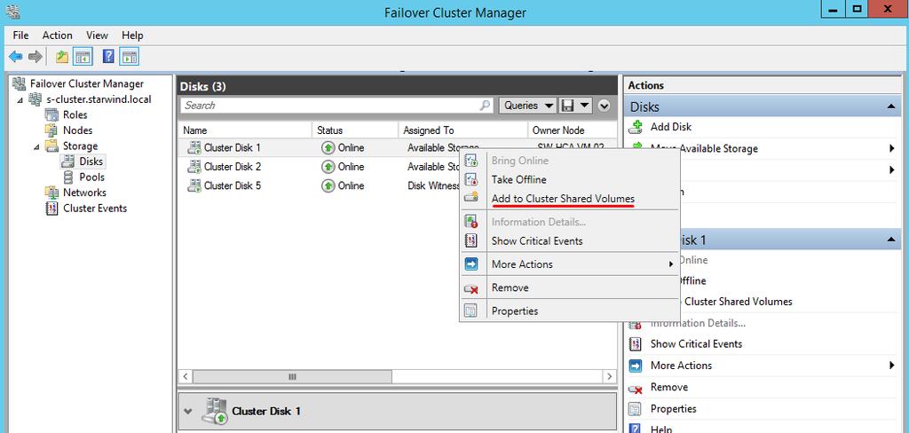 94. In Failover Cluster Manager, select a disk.
