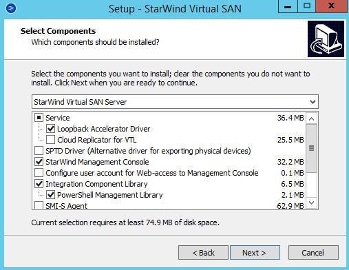 17. Select the following components for the minimum setup: StarWind Virtual SAN Service StarWind Service is the core of the software.