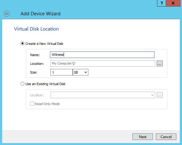 32. Specify the virtual disk name, location, and size and click Next. 33.