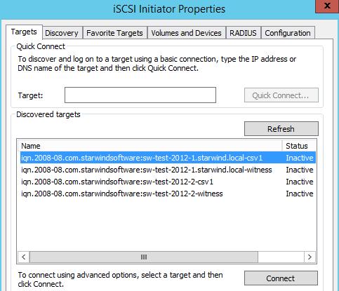 Connecting Targets 59. Launch Microsoft iscsi Initiator on the first StarWind node and click on the Targets tab. The previously created targets should be listed in the Discovered Targets section.