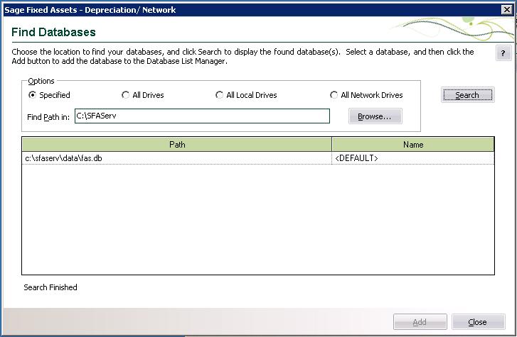 2 Installing - Network Server the First Time Step 2: Locating the Default Database 4. Click OK to return to the Find Databases dialog. 5. Click the Search button.