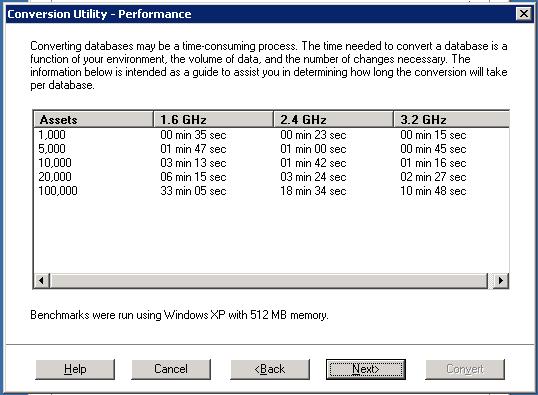 The Conversion Utility Performance dialog appears. 7.