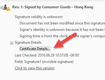 3) With the signature properties open, select the CoSign Certificate Authority by ARX certificate in the chain on the left.