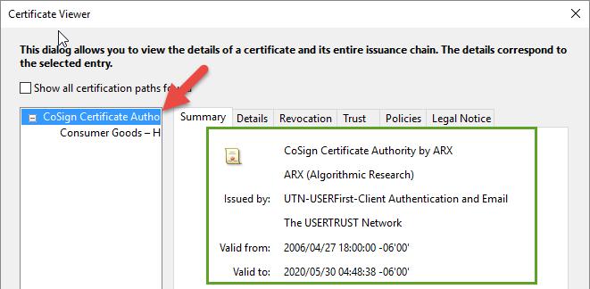 If you do not see CoSign Certificate Authority by ARX and the document was signed prior to September 2016, the document is forged, invalid, or the wrong certificate has been selected.