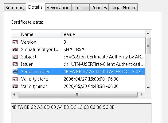 5) If both the name and serial number of the certificate match as described above, click on the Trust tab and then click