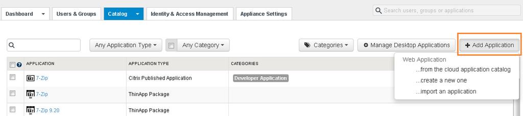 To integrate and enable View desktop and application pools, Citrix-published resources, or ThinApp packaged applications, you use the Manage Desktop Applications menu in the Catalog tab.