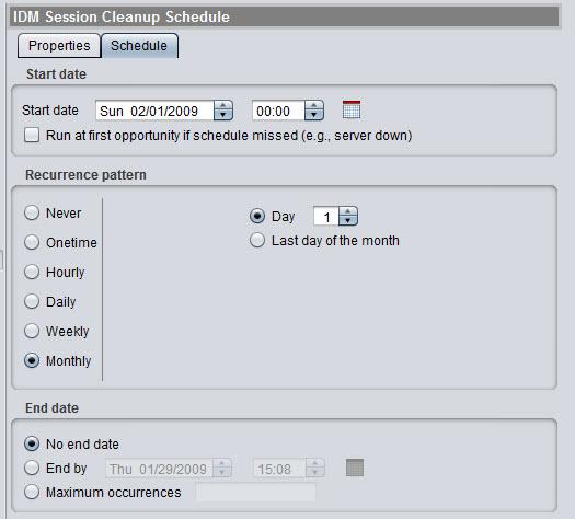 Getting Started Creating Report Policies 4. Click the Schedule tab to review and edit the schedule parameters. Figure 2-25. IDM Session Cleanup Schedule, alert configuration 5.
