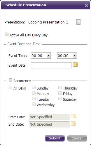 3. Check the Active All Day Every Day box if you would like the presentation to play at all times. This disables all other scheduling options in the Schedule Presentation window. 4.