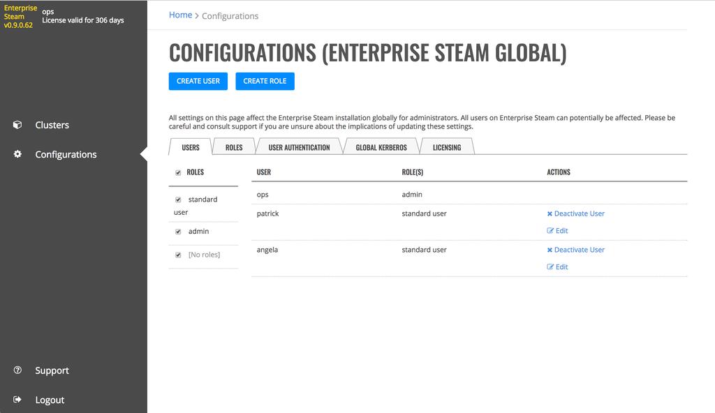 CHAPTER THREE CONFIGURATIONS The Configurations page allows Enterprise Steam Admins to add, edit, and deactivate users and roles.