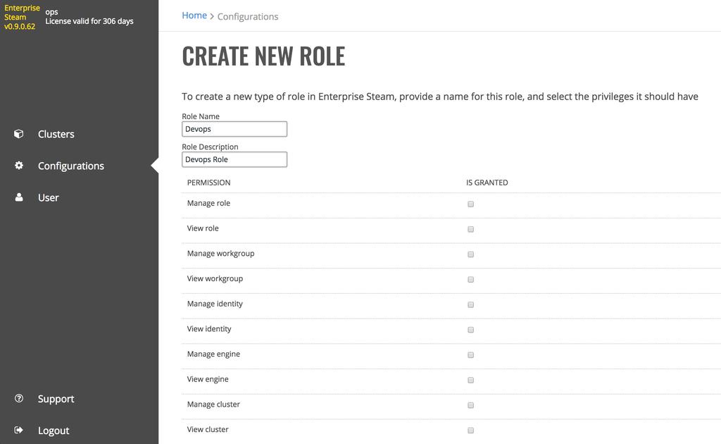 4. Click Create Role at the bottom of the form when you are done. Fig. 3.5: Create Role 3.4.2 Changing Permissions Admins can add or remove permissions for each role directly on this page. 1.