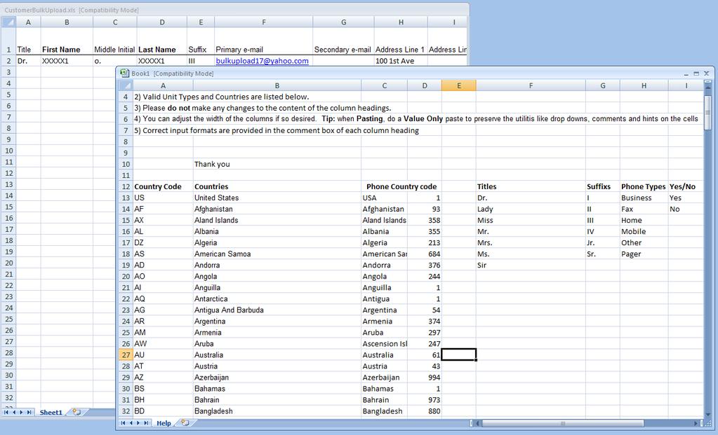 OWNER CONTACT BATCH UPLOAD EXCEL SPREADSHEET TEMPLATE (continued) The Owner Contact Spreadsheet: EscapiaVRS The Owner Contact Batch Upload Excel Spreadsheet Template (file name: OwnerBulkUpload.