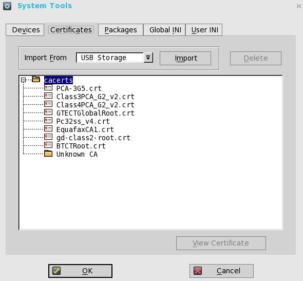 a b c Import the certificates by selecting either USB Storage or File Server from the drop-down list, and then click Import to import the required certificate.