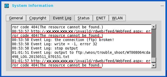 Turn off logging and then check the log file under the folder ftp:/wnos/trouble_shoot.