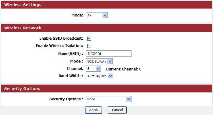 Setup procedure for AP: Here is the description of every setup item: Parameter Enable SSID Broadcast Enable Wireless Isolation Name(SSID) Description If Enabled, the Wireless Access Point will