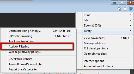 Moreover, in Internet Explorer 9, the ActiveX Filtering option must not be checked: With Internet Explorer 8, it is also recommended to disable the option Enable memory protection to help mitigate