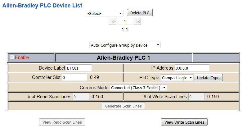 1) To add additional PLC s, click the -Select- dropdown under Allen-Bradley PLC Device List and select Add Generic PLC option.