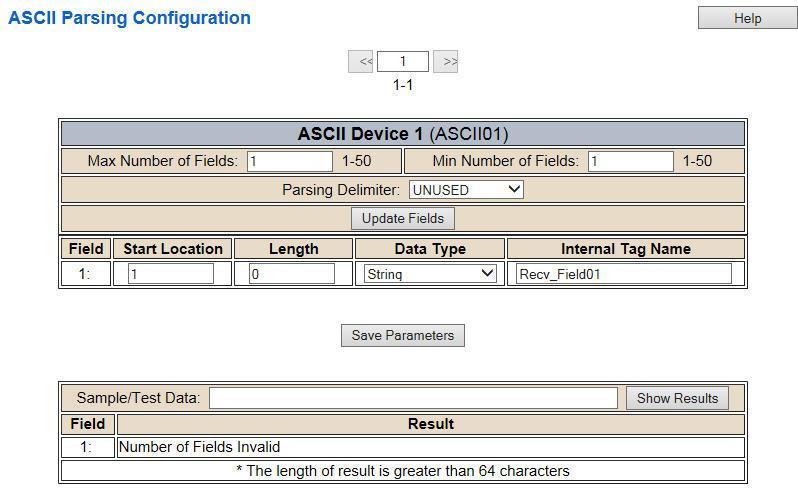 ASCII Configuration ASCII Parsing Click the ASCII Parsing (Optional) button at the bottom of the ACII Configuration page to access the ASCII Parsing Configuration page for this device.