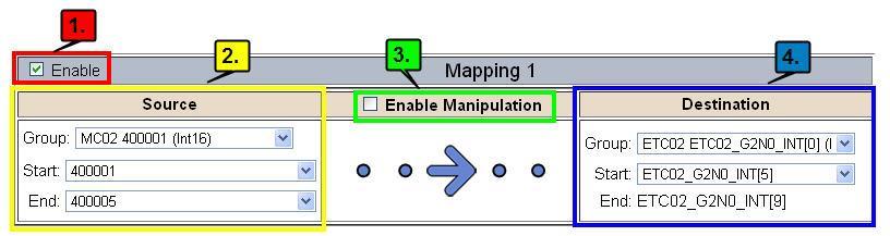 Data Mapping Explanation Below are the different parts that can be modified to make up a data mapping. 1) Enable (red box above): Check to enable mapping. If not checked, this mapping is skipped.