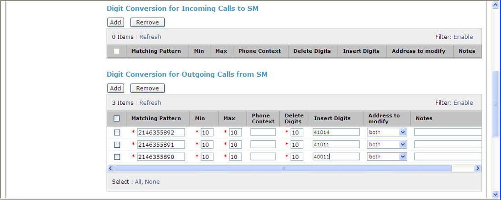 To map inbound DID numbers from XO to Communication Manager extensions, scroll down to the Digit Conversion for Outgoing Calls from SM section. Create an entry for each DID to be mapped.