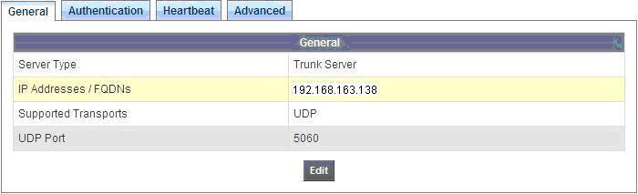 The following screen illustrates the General tab of the configured SP-XO server profile. Note the Trunk Server setting for Server Type.