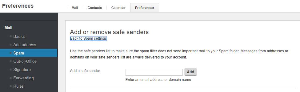 How to Add or Remove Safe Sender 1. Click Spam under Preferences tab 2.